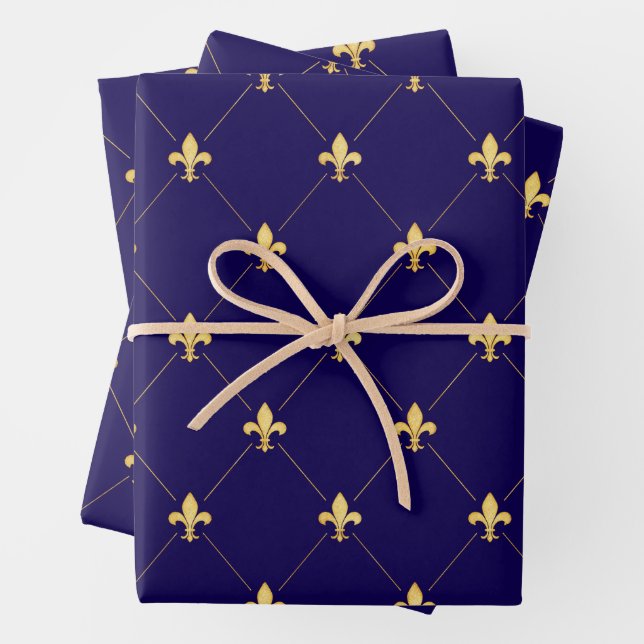 Gold Fleur-de-Lis on Midnight Blue Wrapping Paper Sheets (In situ)