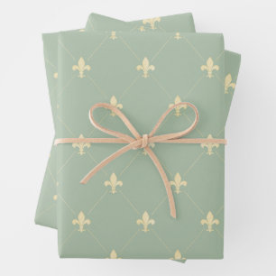 Gold Fleur-de-Lis on Sage Wrapping Paper Sheets