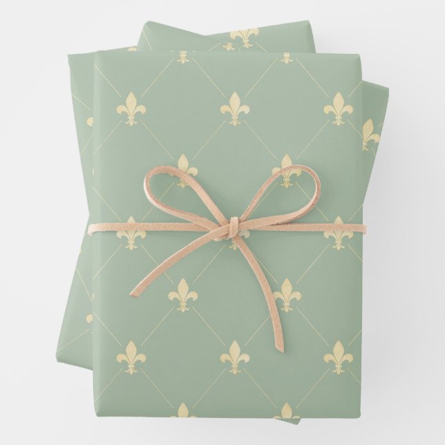 Gold Fleur-de-Lis on Sage Wrapping Paper Sheets (In situ)