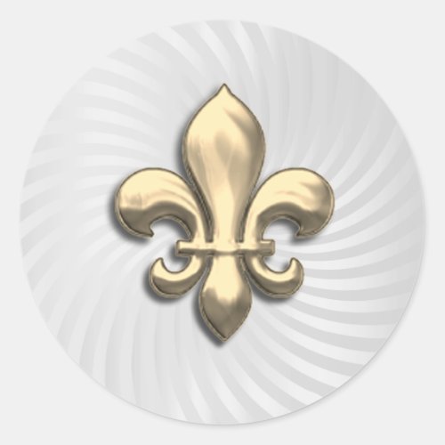 Gold Fleur de Lis on White Twirl Background Classic Round Sticker