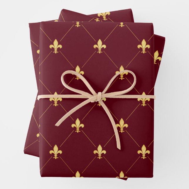 Gold Fleur-de-Lis on Wine Red Wrapping Paper Sheets (In situ)