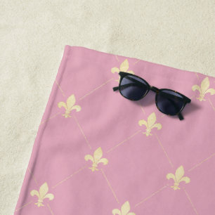 Gold Fleur-de-Lis Pink Beach Towel