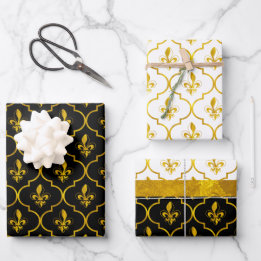 Gold Fleur-de-Lis Quatrefoil Pattern Wrapping Paper Sheets