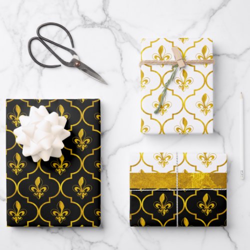 Gold Fleur_de_Lis Quatrefoil Pattern Wrapping Paper Sheets