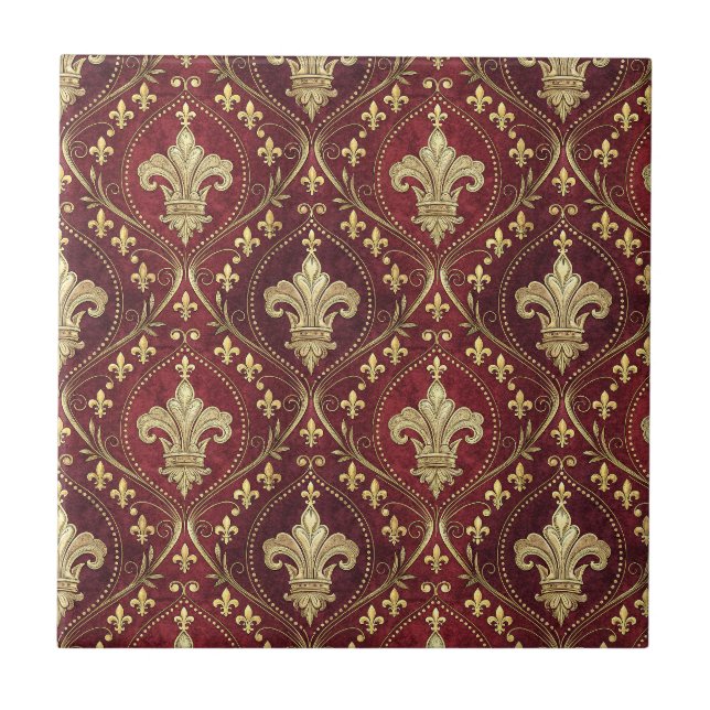 Gold Fleur-de-lis Red Velvet Royal Design Pattern Ceramic Tile (Front)