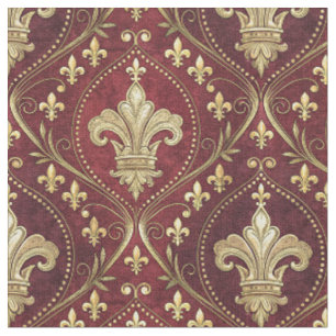 Gold Fleur-de-lis Red Velvet Royal Design Pattern Fabric
