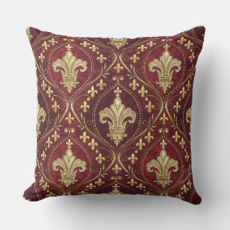 Gold Fleur-de-lis Red Velvet Royal Design Pattern Throw Pillow