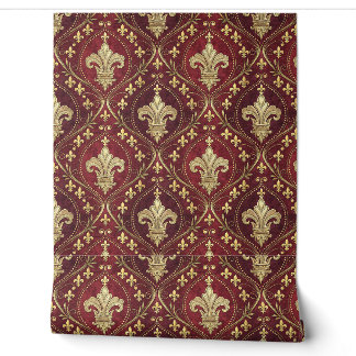 Gold Fleur-de-lis Red Velvet Royal Design Pattern Wallpaper