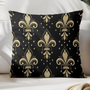 Gold fleur-de-lis seamless pattern on black throw pillow