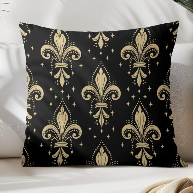Gold fleur-de-lis seamless pattern on black throw pillow (Creator Uploaded)