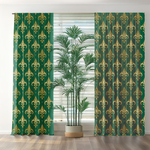 Gold fleur-de-lis seamless pattern on green blackout curtains