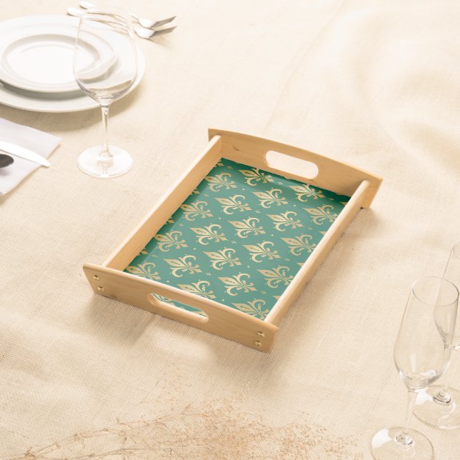 Gold fleur-de-lis seamless pattern on green serving tray (Front)