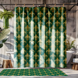 Gold fleur-de-lis seamless pattern on green shower curtain
