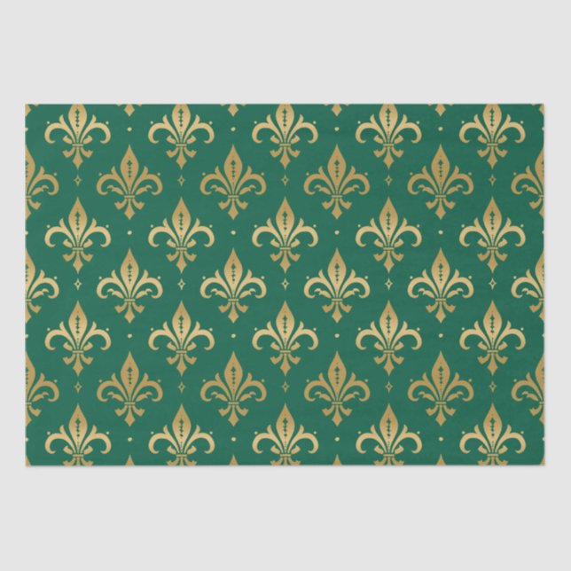Gold fleur-de-lis seamless pattern on green tissue paper (Front)