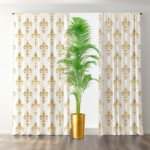 Gold fleur-de-lis seamless pattern on white blackout curtains