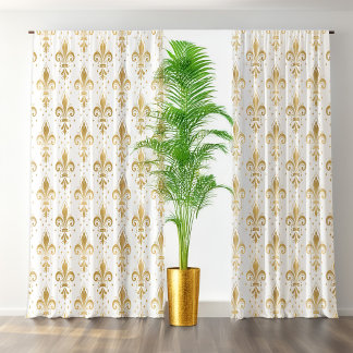 Gold fleur-de-lis seamless pattern on white blackout curtains