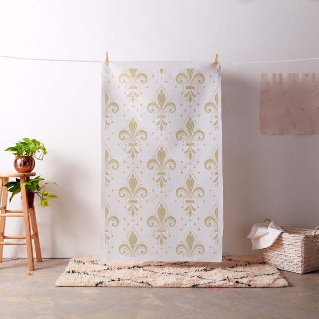 Gold fleur-de-lis seamless pattern on white fabric (In Situ)