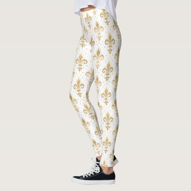 Gold fleur-de-lis seamless pattern on white leggings (Left)