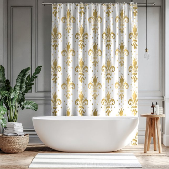 Gold fleur-de-lis seamless pattern on white shower curtain (Creator Uploaded)