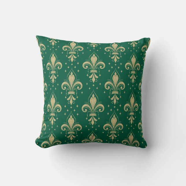 Gold fleur-de-lis seamless pattern on white throw pillow (Front)