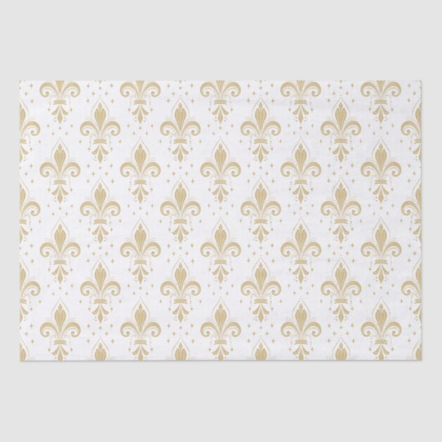 Gold fleur-de-lis seamless pattern on white tissue paper (Front)