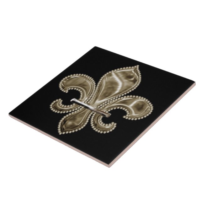 Gold Fleur de Lis Square Ceramic Tile 6 inch - blk (Side)