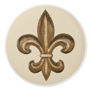 Gold Fleur de Lis & Taupe Ceramic Knob