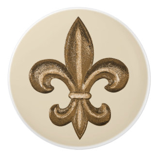 Gold Fleur de Lis & Taupe Ceramic Knob