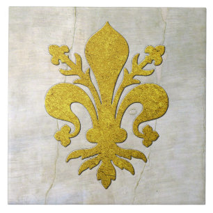 Gold Fleur-de-lis Vintage Plaster Look Ceramic Tile