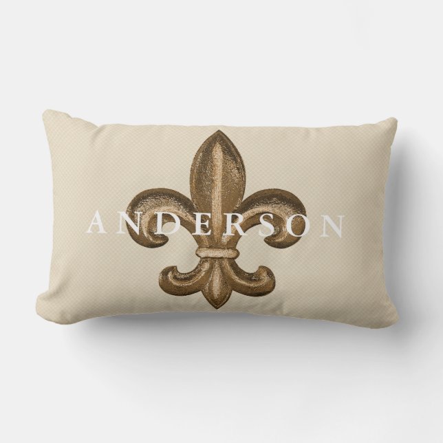Gold Fleur de Lis & White Lattice Taupe Lumbar Pillow (Front)