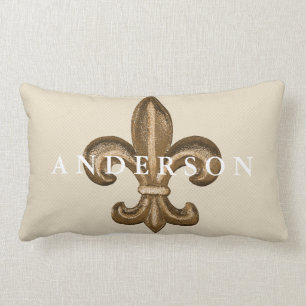 Gold Fleur de Lis & White Lattice Taupe Lumbar Pillow