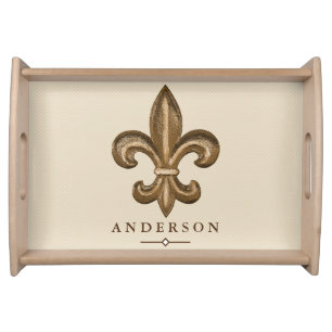 Gold Fleur de Lis & White Lattice Taupe Serving Tray