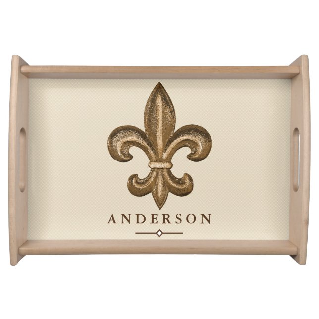 Gold Fleur de Lis & White Lattice Taupe Serving Tray (Front)