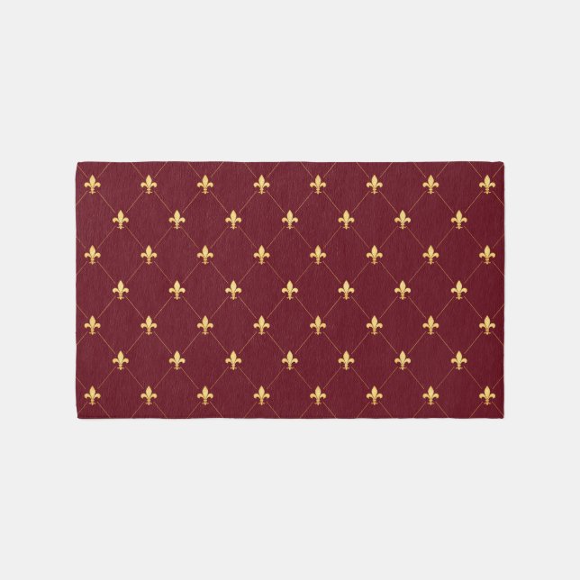 Gold Fleur-de-Lis Wine Red 5x3 Outdoor Rug (Front)