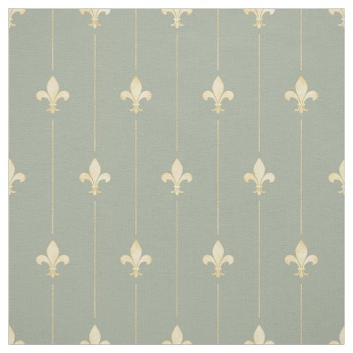 Gold Fleur-de-Lis with Lines Sage (small scale) Fabric