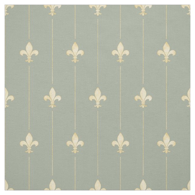 Gold Fleur-de-Lis with Lines Sage (small scale) Fabric (Swatch)