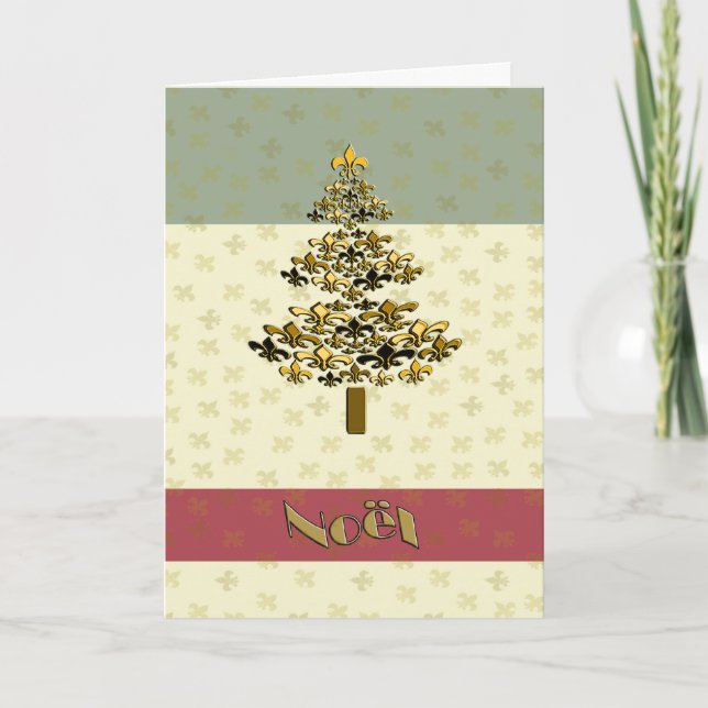 Gold Fleur de Lys Christmas Tree Noel Holiday Card (Front)