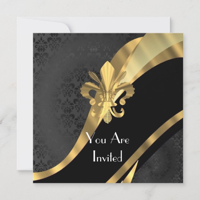 Gold fleur de lys on black damask invitation (Front)