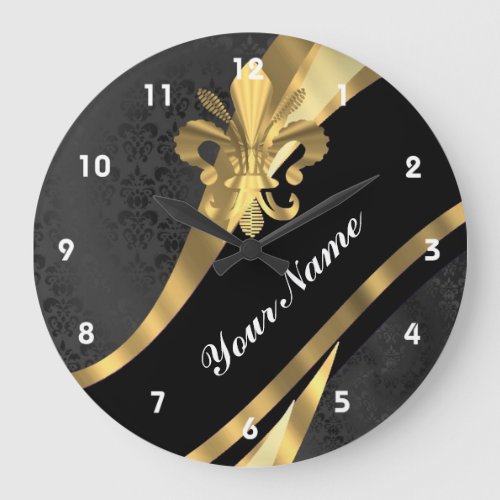 Gold fleur de lys on black large clock