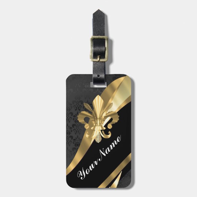 Gold fleur de lys on black luggage tag (Front Vertical)