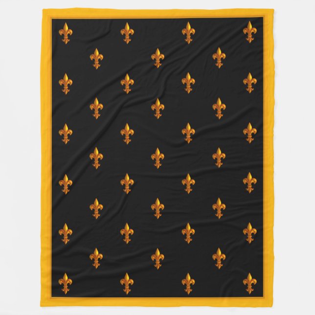 Gold Fleurs de Lis on Black Banner Fleece Blanket (Front)