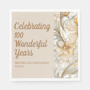 Gold Floral 100th Birthday Napkins