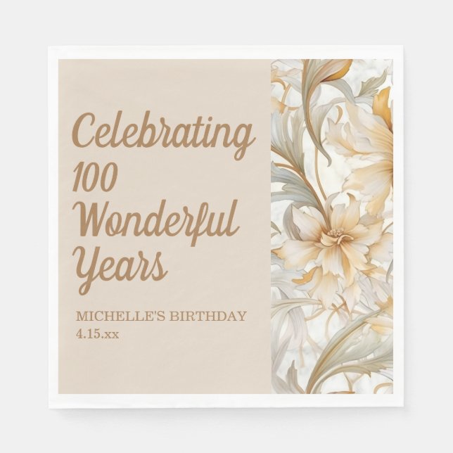 Gold Floral 100th Birthday  Napkins (Front)