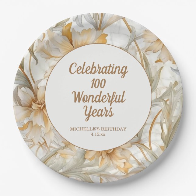 Gold Floral 100th Birthday  Paper Plates (Front)