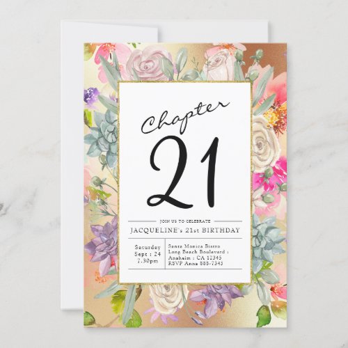 Gold Floral 21st Birthday Invitation