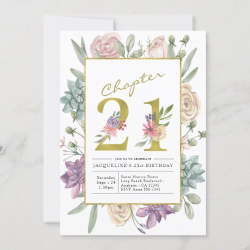 Gold Floral 21st Birthday Invitation