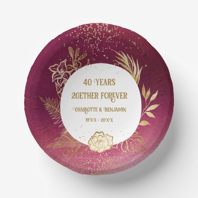  Gold Floral 40 years Anniversary Ruby Wedding  Paper Bowls (Front)