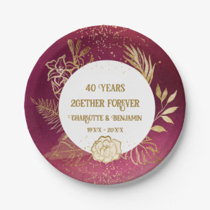 Gold Floral 40 years Anniversary Ruby Wedding Paper Plates