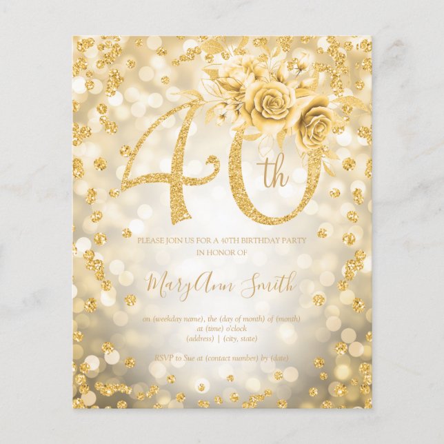 Gold Floral 40th Birthday Lights Invitation Flyer (Front)
