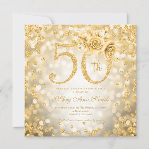 Gold Floral 50th Birthday Glam Lights 